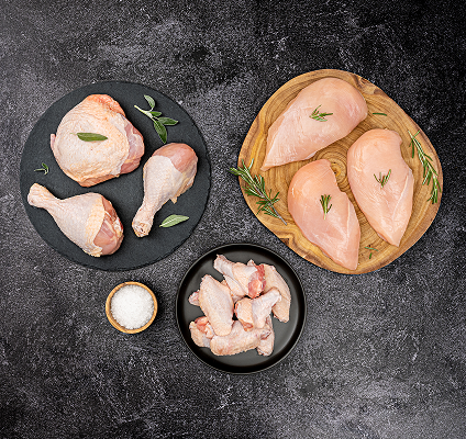 Raw chicken pieces on black and wooden plates with herbs on a dark surface